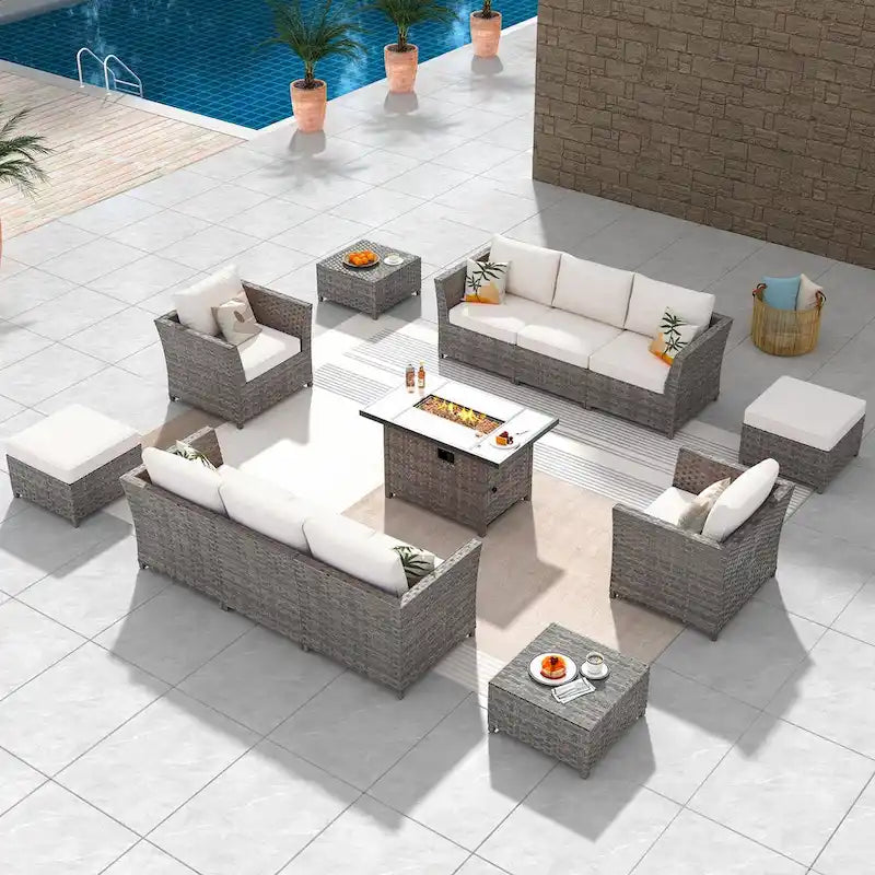 HOOOWOOO 13-piece Grey Wicker Patio Furniture Outdoor Sectional Set with Fire Pit