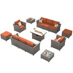 HOOOWOOO 13-piece Grey Wicker Patio Furniture Outdoor Sectional Set with Fire Pit