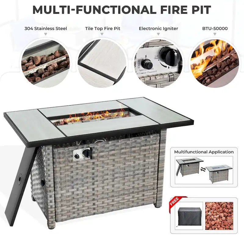 HOOOWOOO 13-piece Grey Wicker Patio Furniture Outdoor Sectional Set with Fire Pit