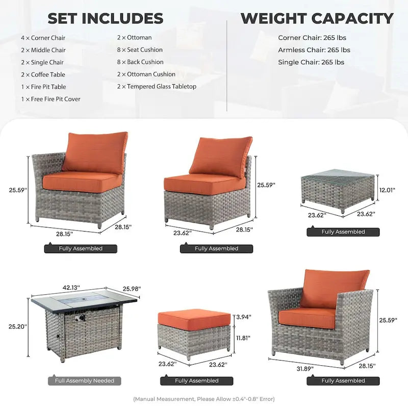 HOOOWOOO 13-piece Grey Wicker Patio Furniture Outdoor Sectional Set with Fire Pit