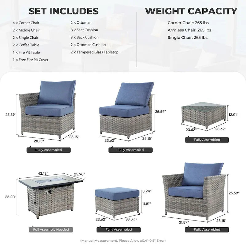 HOOOWOOO 13-piece Grey Wicker Patio Furniture Outdoor Sectional Set with Fire Pit