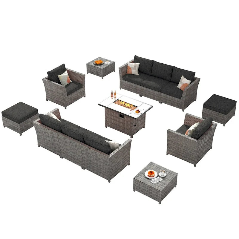 HOOOWOOO 13-piece Grey Wicker Patio Furniture Outdoor Sectional Set with Fire Pit