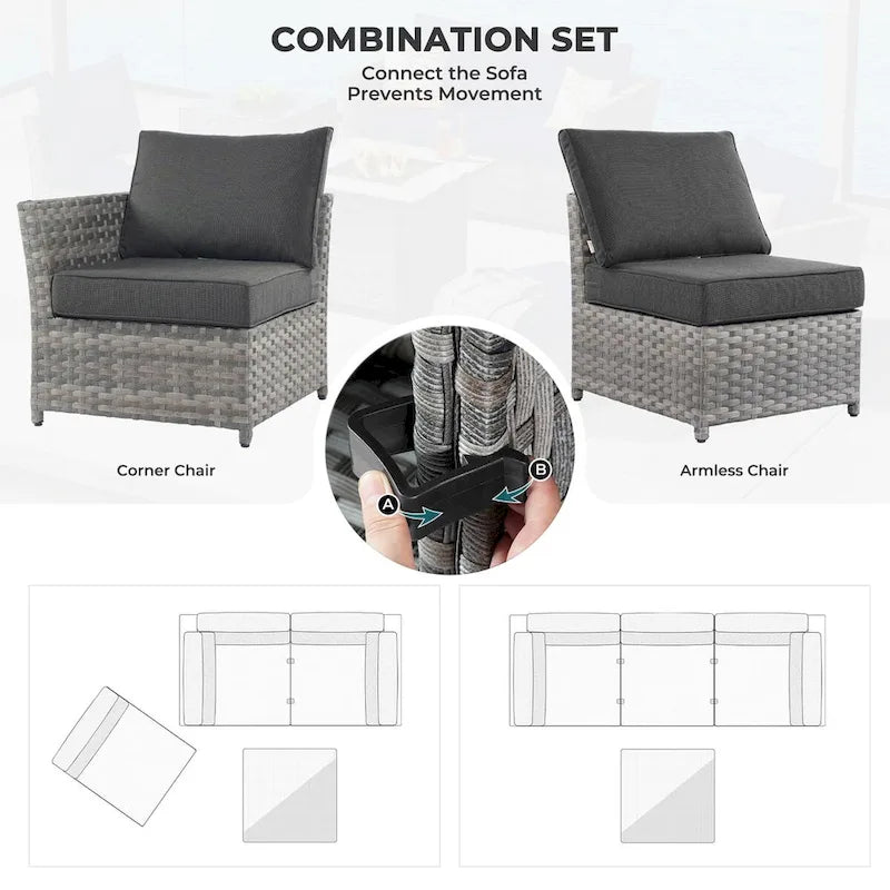 HOOOWOOO 13-piece Grey Wicker Patio Furniture Outdoor Sectional Set with Fire Pit