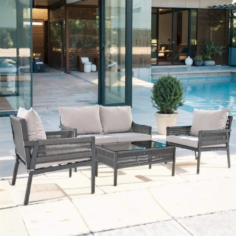 4-Piece Rope Outdoor Patio Furniture Set, Patio Conversation Set - 1Loveseat&1Table&2Chairs