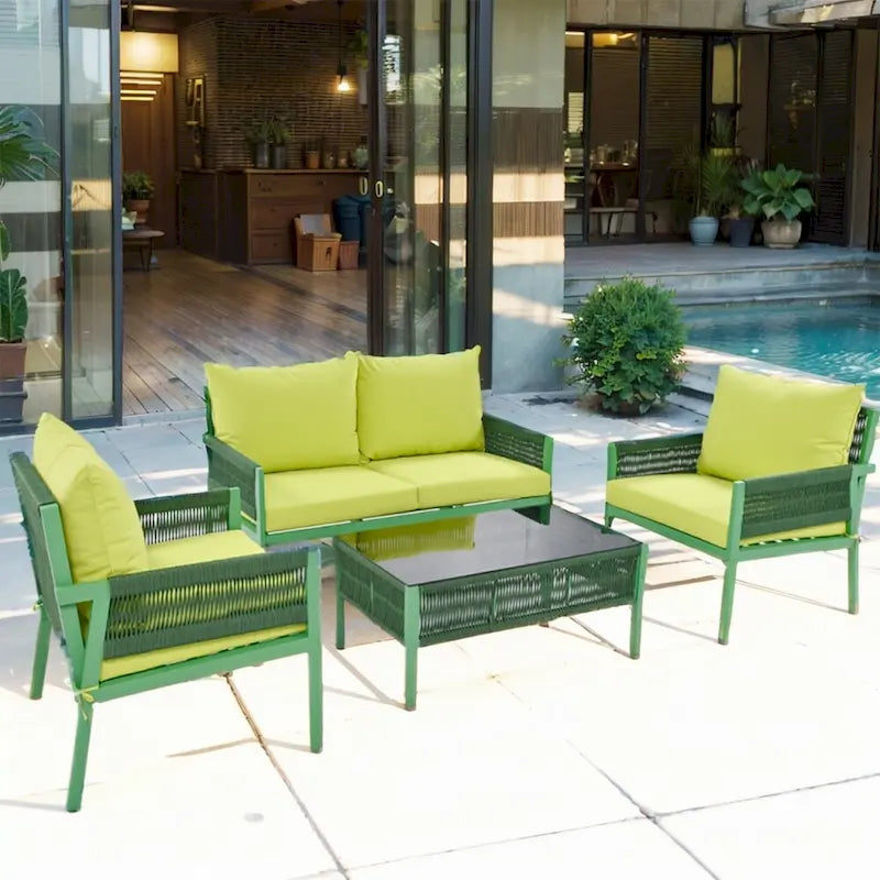 4-Piece Rope Outdoor Patio Furniture Set, Patio Conversation Set - 1Loveseat&1Table&2Chairs