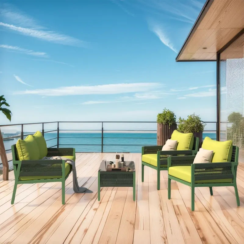 4-Piece Rope Outdoor Patio Furniture Set, Patio Conversation Set - 1Loveseat&1Table&2Chairs