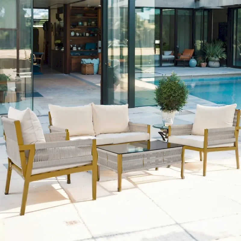 4-Piece Rope Outdoor Patio Furniture Set, Patio Conversation Set - 1Loveseat&1Table&2Chairs