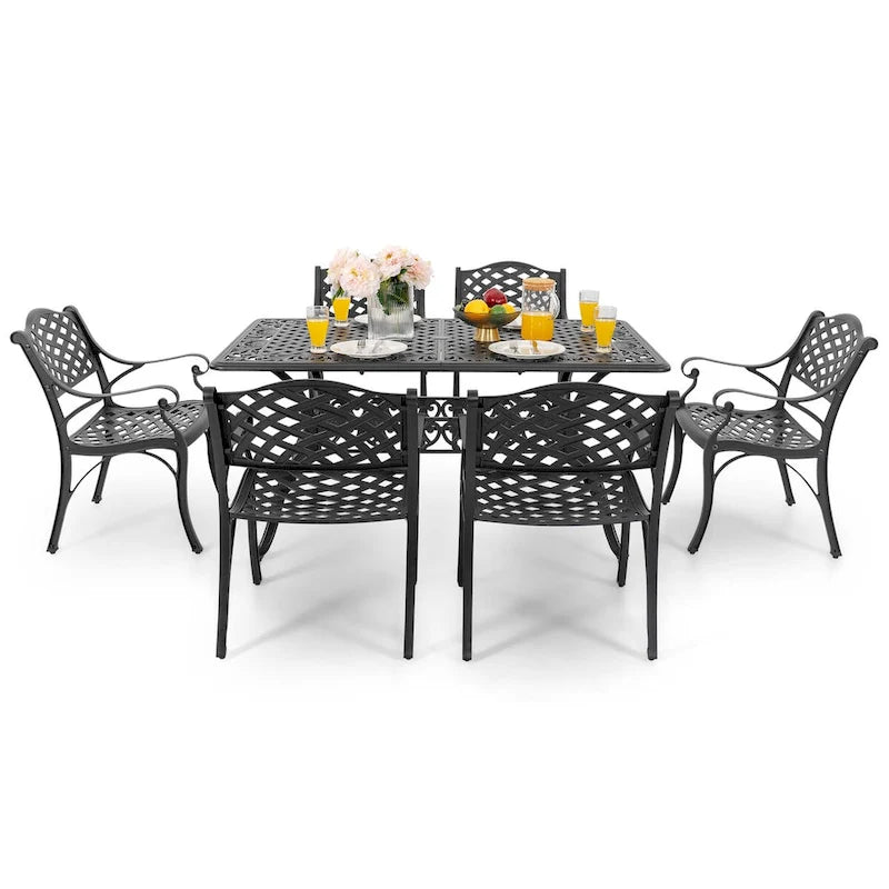 Outdoor 7-Piece Cast Aluminum Dining Set, Lattice and Floral Patterns