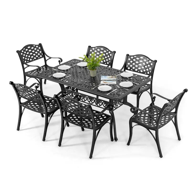 Outdoor 7-Piece Cast Aluminum Dining Set, Lattice and Floral Patterns