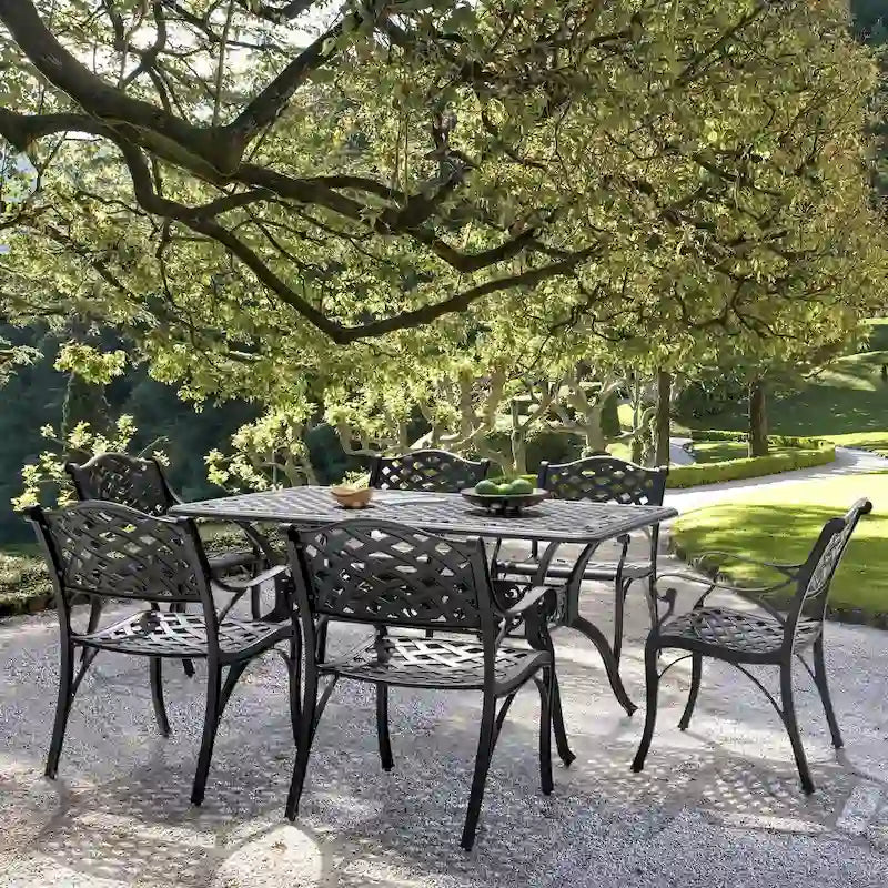Outdoor 7-Piece Cast Aluminum Dining Set, Lattice and Floral Patterns