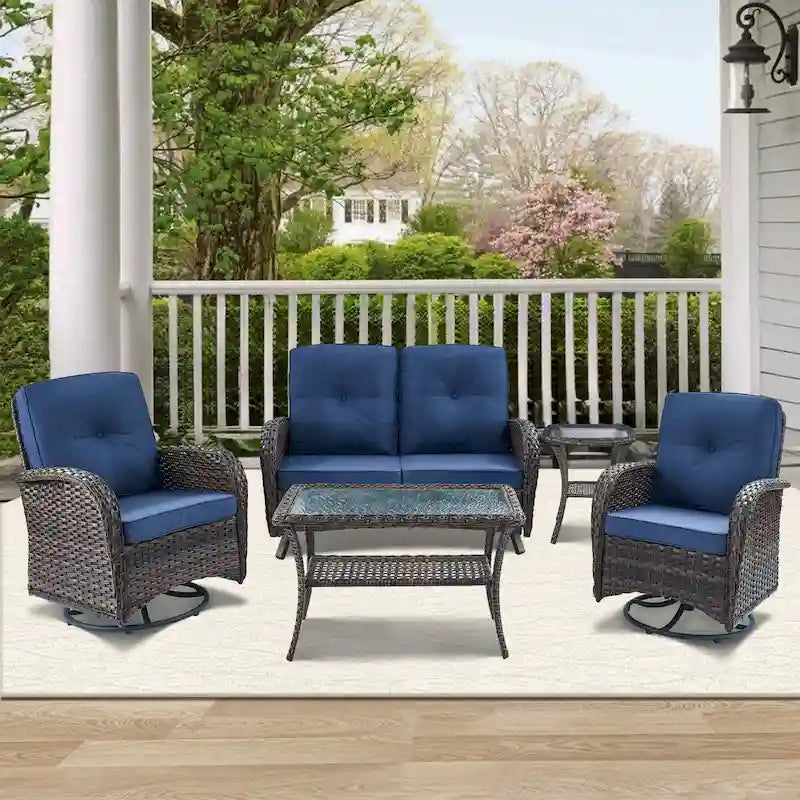 Outdoor Glider Bench Patio Loveseat with Swivel Chair - Brown