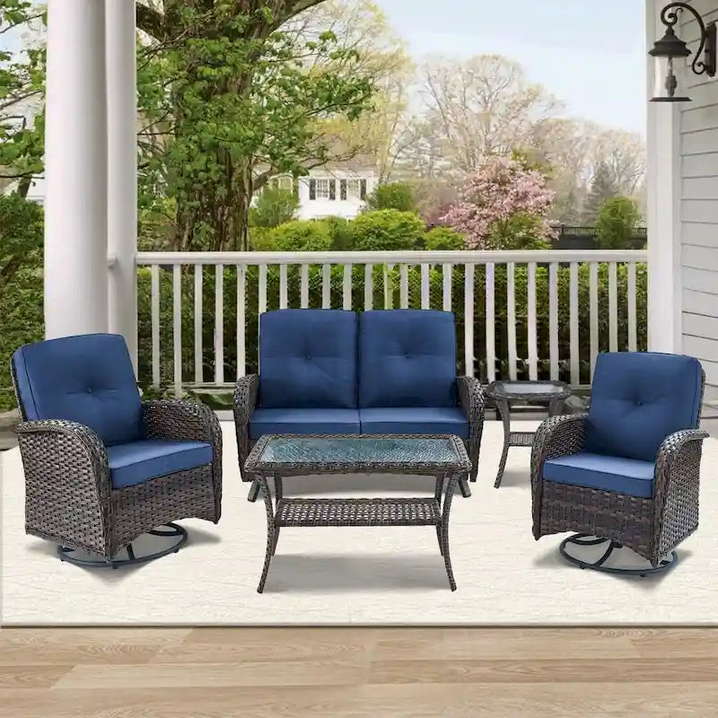 Outdoor Glider Bench Patio Loveseat with Swivel Chair - Brown