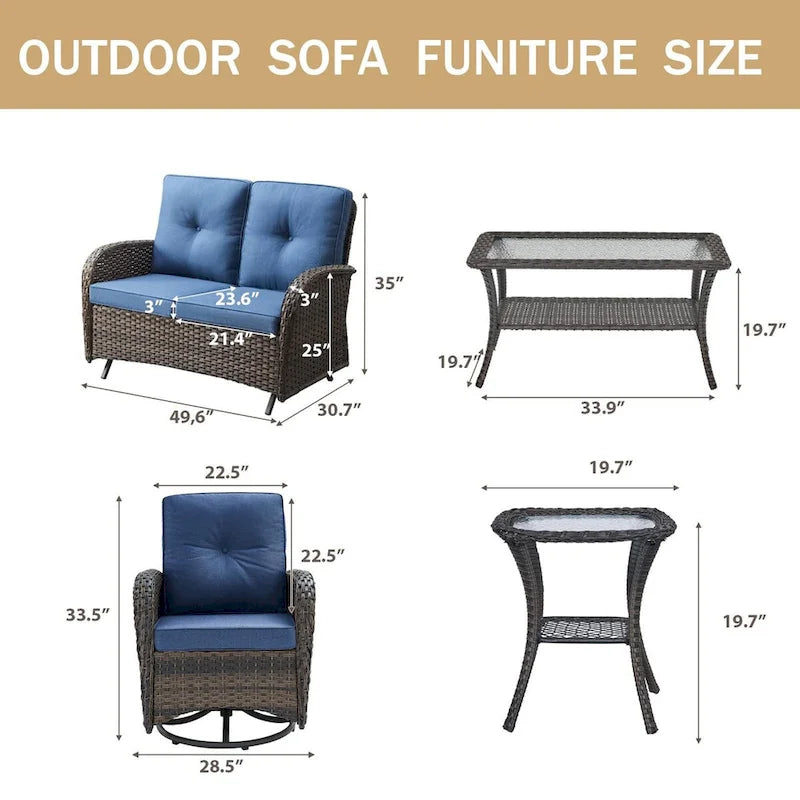 Outdoor Glider Bench Patio Loveseat with Swivel Chair - Brown