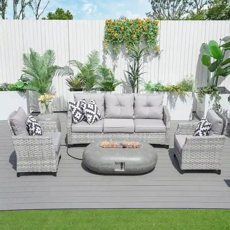5-piece Wicker Patio Conversation Set with Oval Cement Fire Pit Table