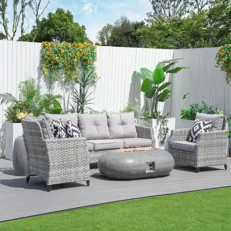 5-piece Wicker Patio Conversation Set with Oval Cement Fire Pit Table