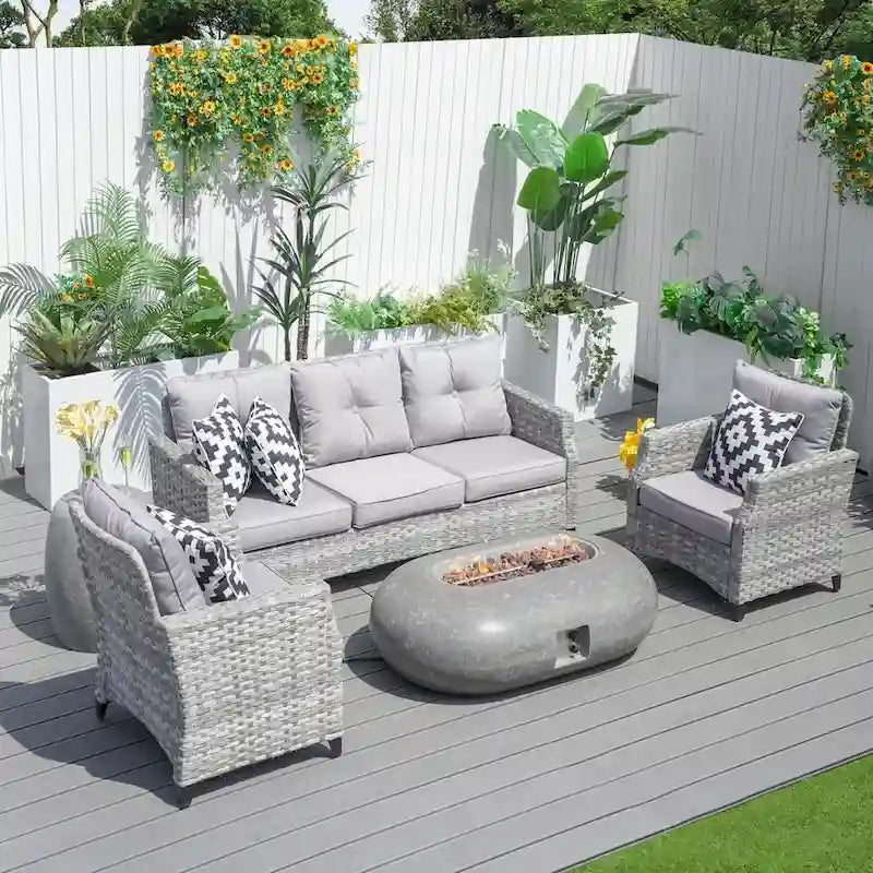 5-piece Wicker Patio Conversation Set with Oval Cement Fire Pit Table