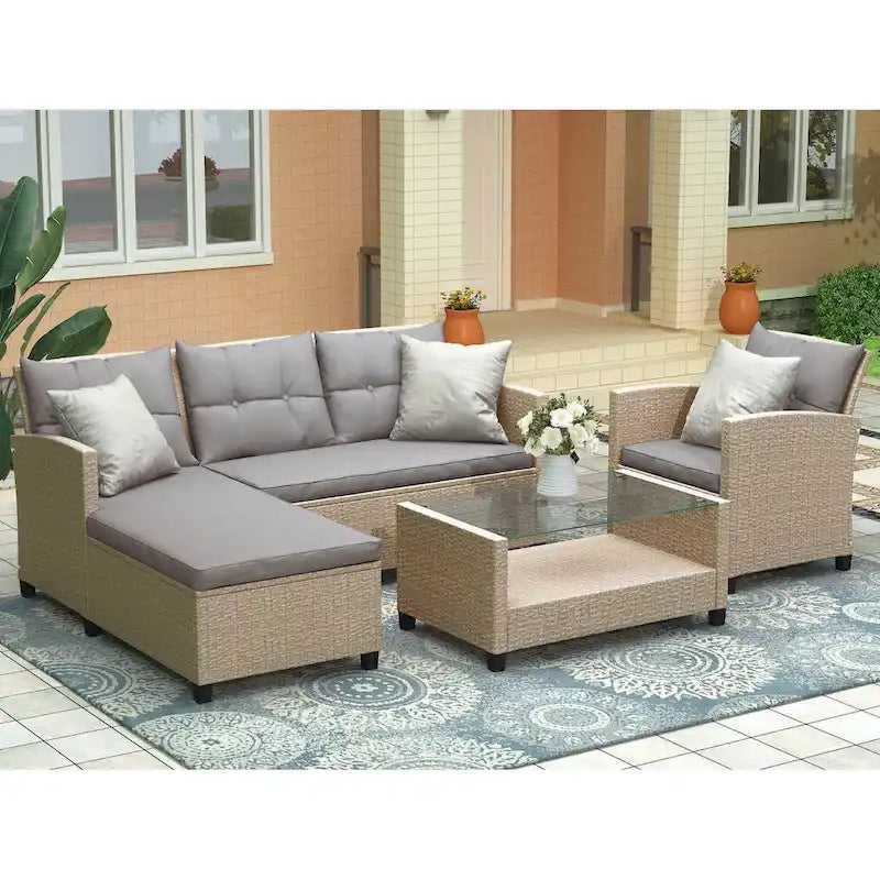 Outdoor, Patio Furniture Sets, 4 Piece Conversation Set Wicker Ratten Sectional Sofa with Seat Cushions