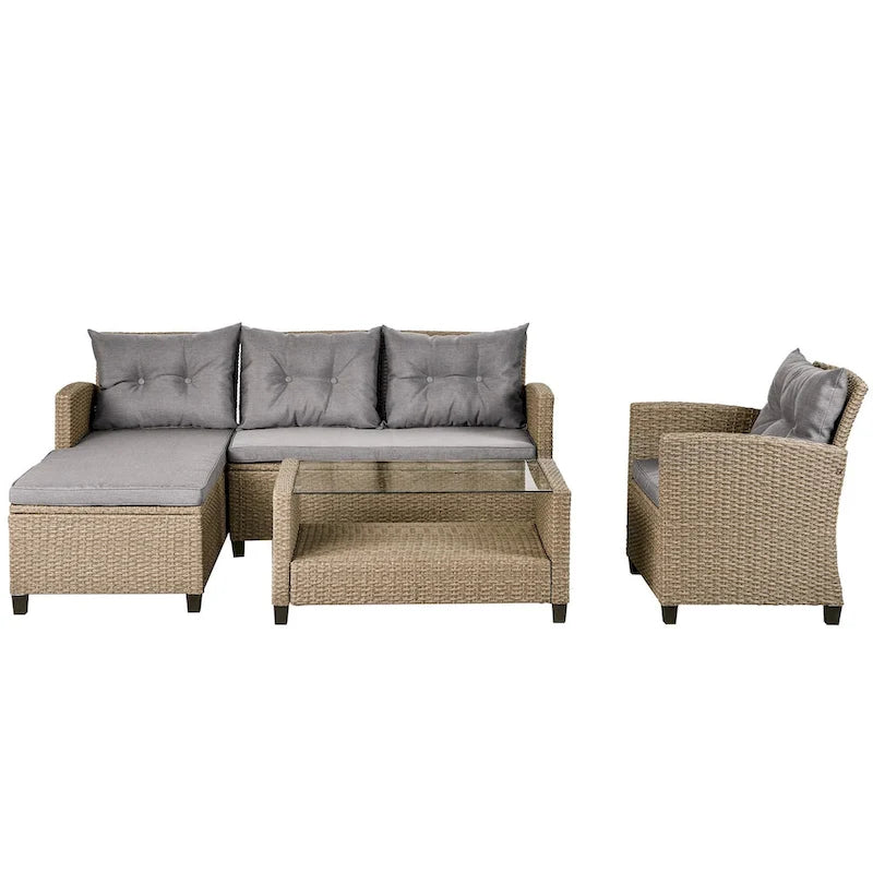 Outdoor, Patio Furniture Sets, 4 Piece Conversation Set Wicker Ratten Sectional Sofa with Seat Cushions
