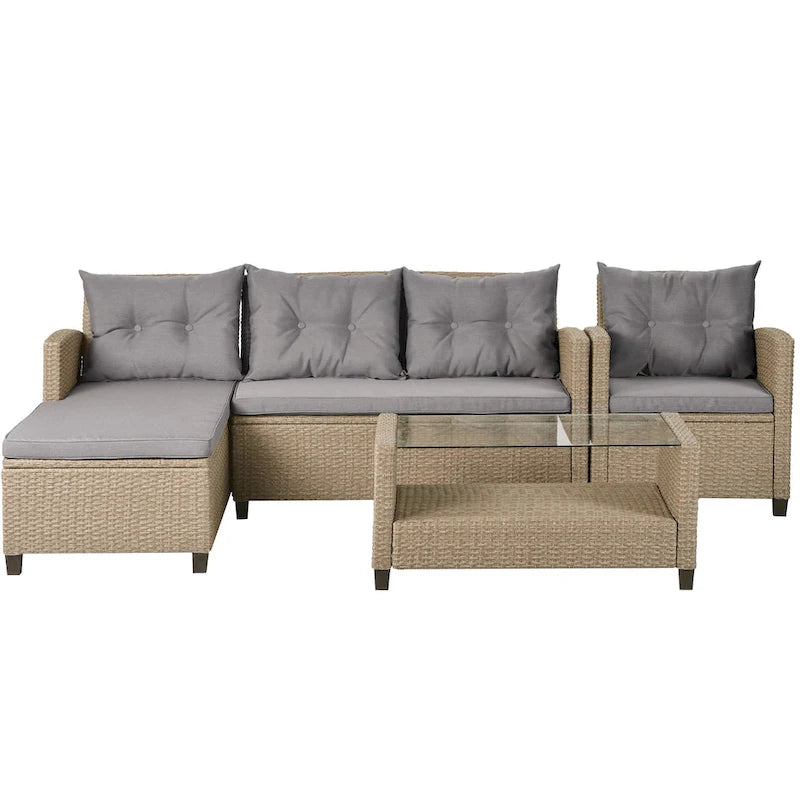 Outdoor, Patio Furniture Sets, 4 Piece Conversation Set Wicker Ratten Sectional Sofa with Seat Cushions