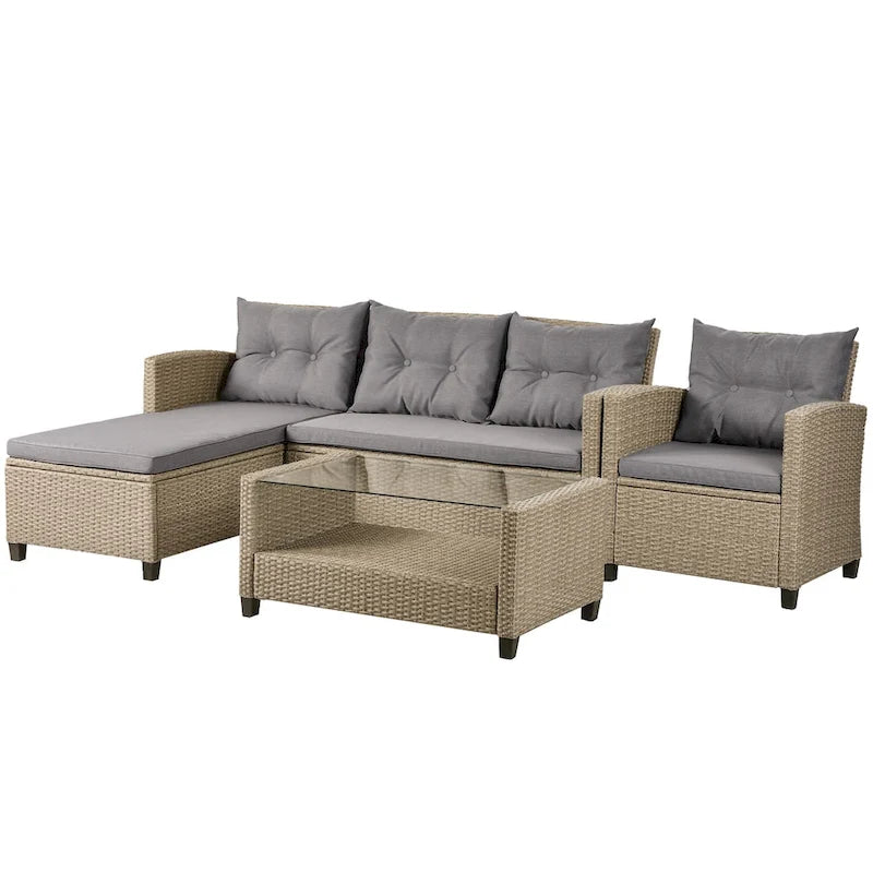 Outdoor, Patio Furniture Sets, 4 Piece Conversation Set Wicker Ratten Sectional Sofa with Seat Cushions