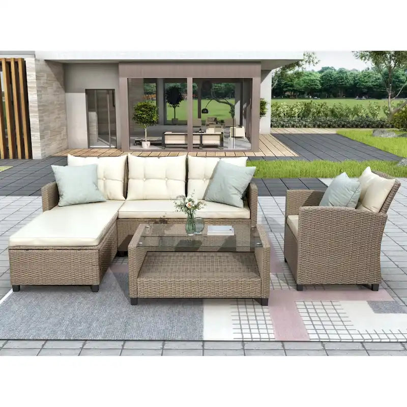 Outdoor, Patio Furniture Sets, 4 Piece Conversation Set Wicker Ratten Sectional Sofa with Seat Cushions