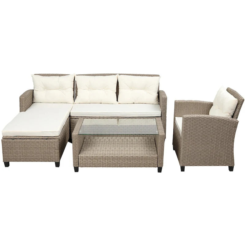 Outdoor, Patio Furniture Sets, 4 Piece Conversation Set Wicker Ratten Sectional Sofa with Seat Cushions