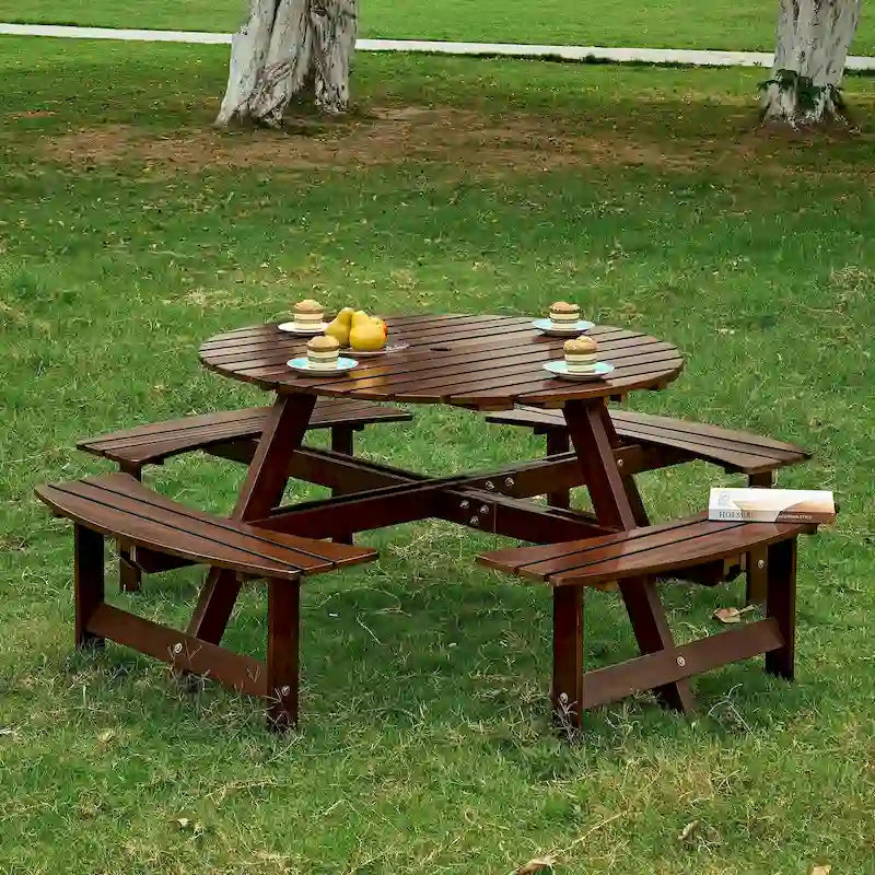8-Person Wooden Picnic Benches Outdoor Round Table