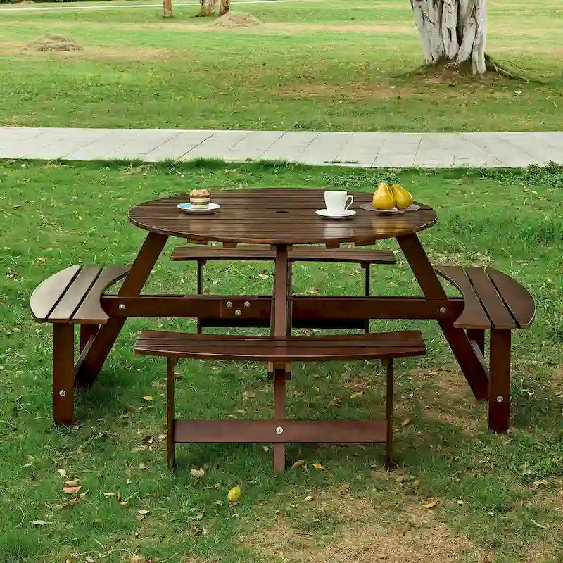 8-Person Wooden Picnic Benches Outdoor Round Table