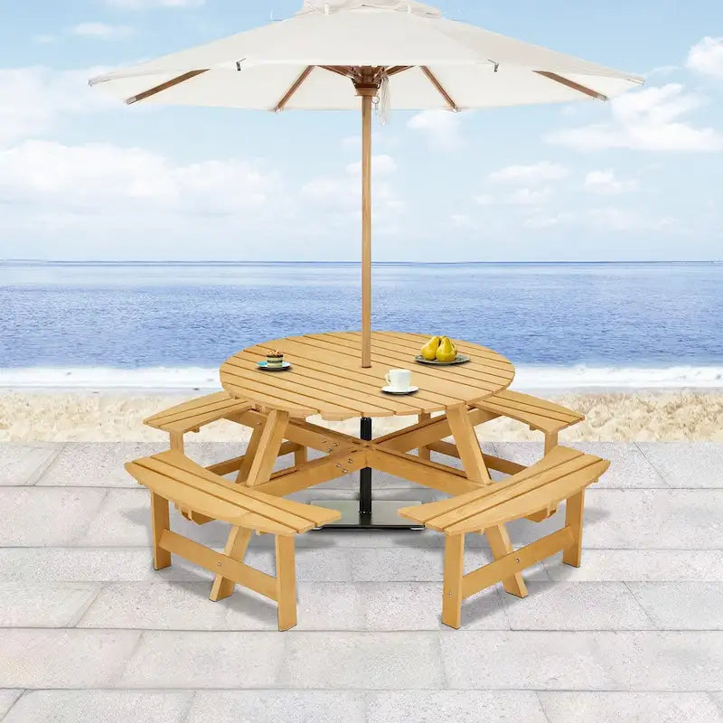 8-Person Wooden Picnic Benches Outdoor Round Table