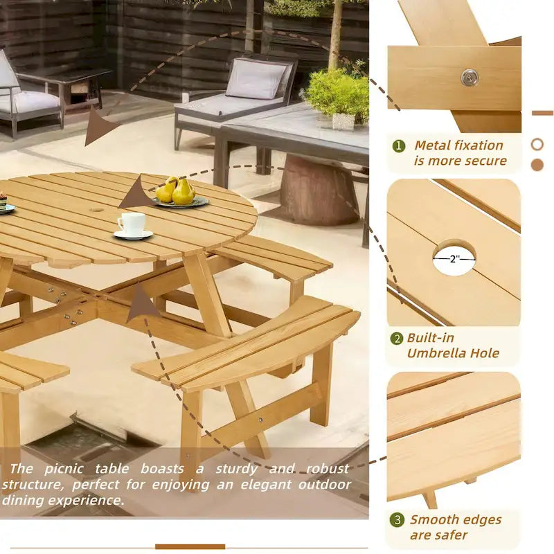 8-Person Wooden Picnic Benches Outdoor Round Table