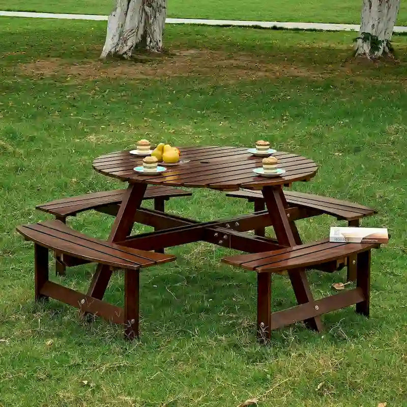 8-Person Wooden Picnic Benches Outdoor Round Table