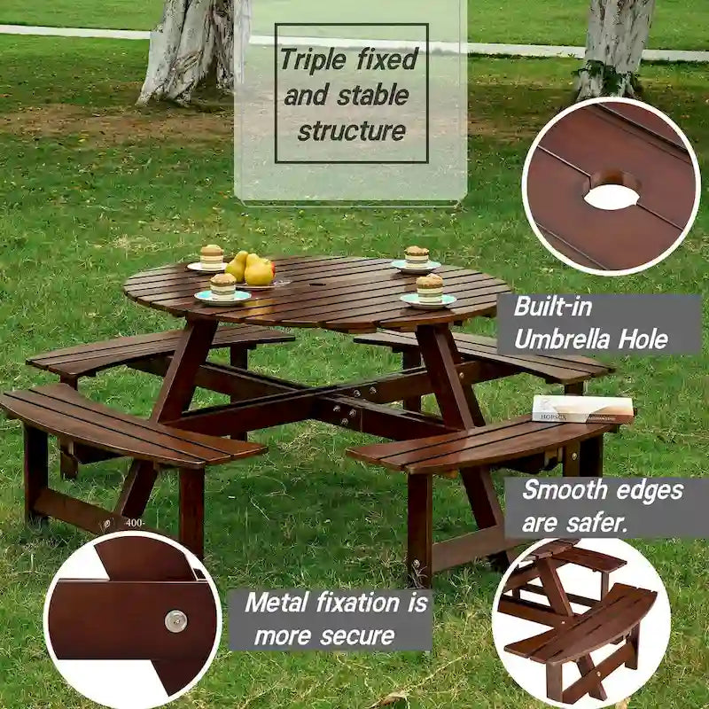 8-Person Wooden Picnic Benches Outdoor Round Table