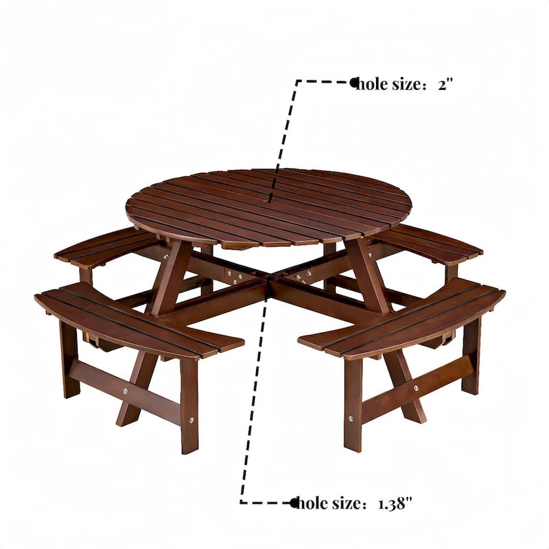 8-Person Wooden Picnic Benches Outdoor Round Table