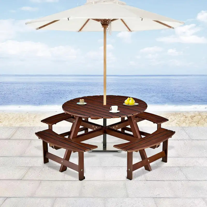 8-Person Wooden Picnic Benches Outdoor Round Table