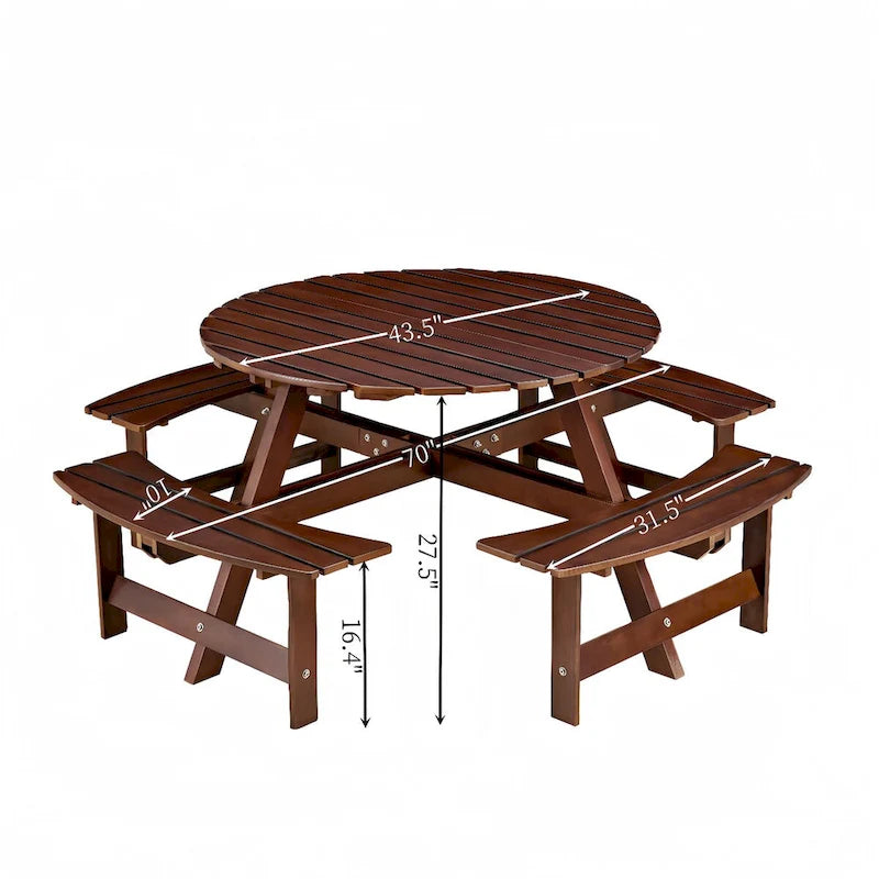 8-Person Wooden Picnic Benches Outdoor Round Table