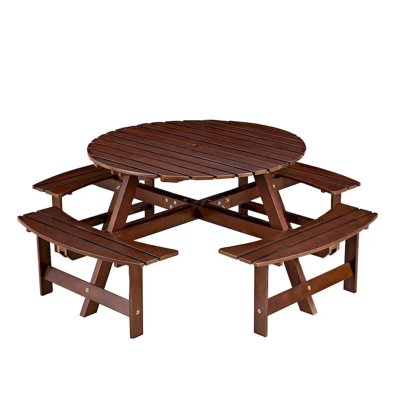 8-Person Wooden Picnic Benches Outdoor Round Table