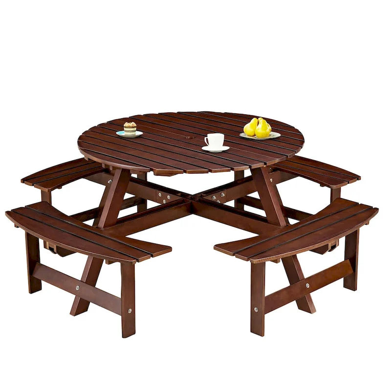 8-Person Wooden Picnic Benches Outdoor Round Table