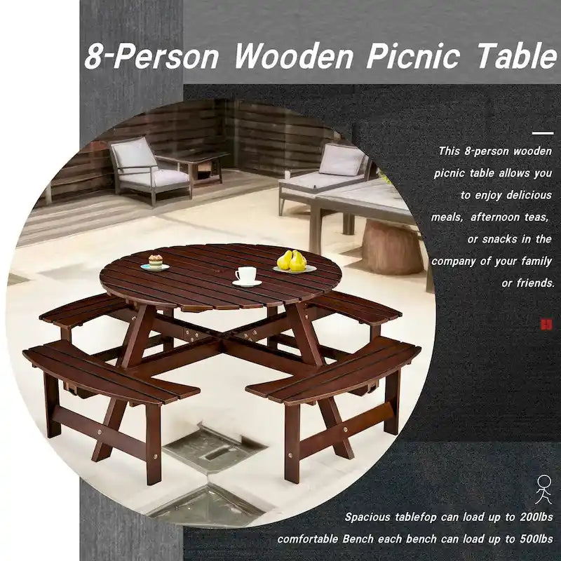 8-Person Wooden Picnic Benches Outdoor Round Table