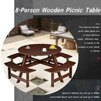 8-Person Wooden Picnic Benches Outdoor Round Table