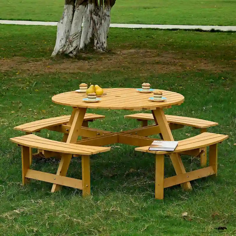 8-Person Wooden Picnic Benches Outdoor Round Table