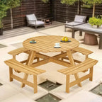 8-Person Wooden Picnic Benches Outdoor Round Table