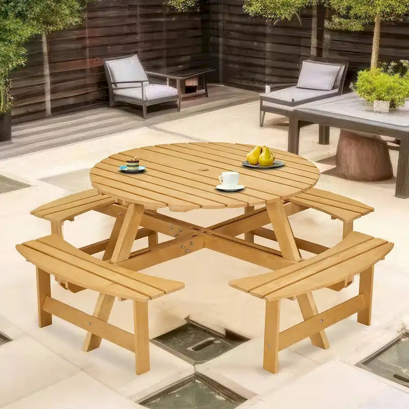 8-Person Wooden Picnic Benches Outdoor Round Table