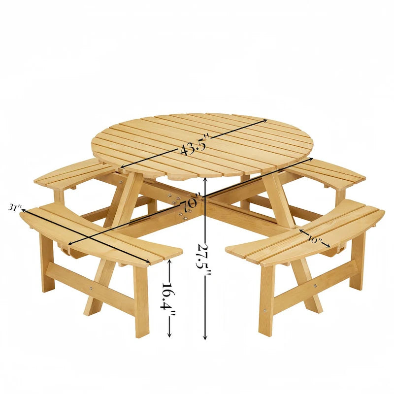 8-Person Wooden Picnic Benches Outdoor Round Table