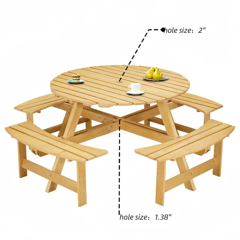 8-Person Wooden Picnic Benches Outdoor Round Table