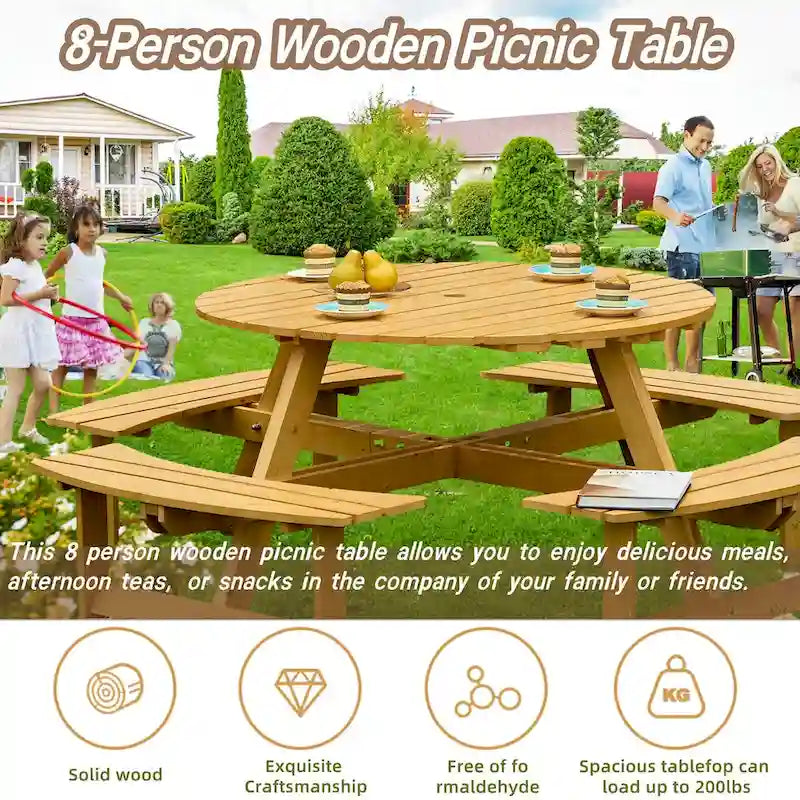 8-Person Wooden Picnic Benches Outdoor Round Table