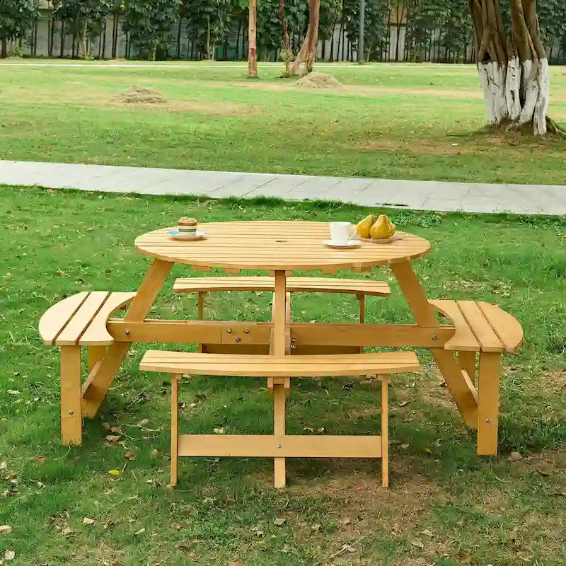 8-Person Wooden Picnic Benches Outdoor Round Table