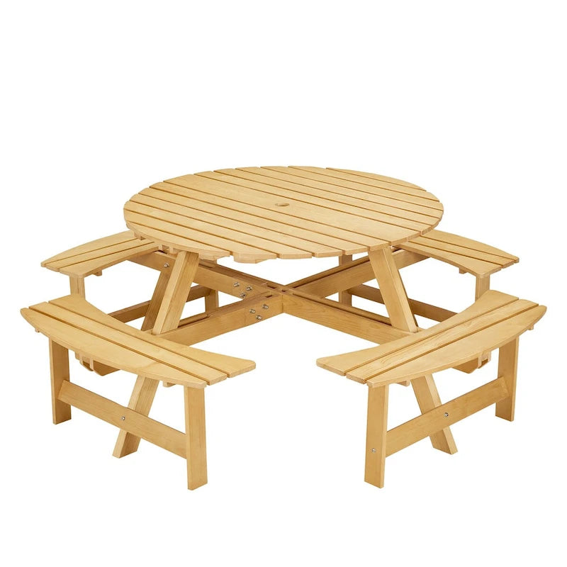 8-Person Wooden Picnic Benches Outdoor Round Table