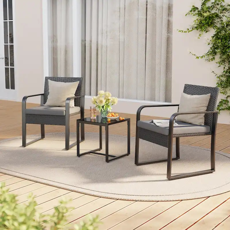 3 Pieces Patio Bistro Sets, Outdoor Rattan Conversation with Glass Table, Wicker Furniture Set with Cushion