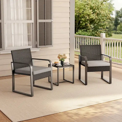 3 Pieces Patio Bistro Sets, Outdoor Rattan Conversation with Glass Table, Wicker Furniture Set with Cushion