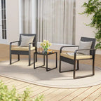 3 Pieces Patio Bistro Sets, Outdoor Rattan Conversation with Glass Table, Wicker Furniture Set with Cushion